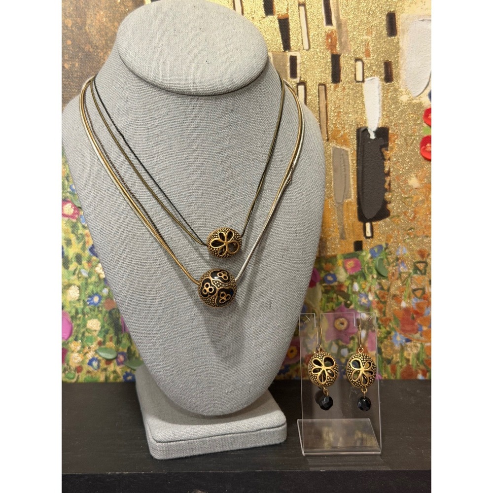 Chico's Jewelry Set Antique Gold Tone Black Enemal Layered Necklace Earrings Set